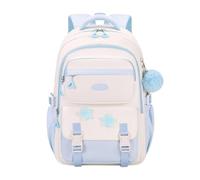 Mochila infantil negra con rayas blancas, parches de estrella y dije de | Mochila de poliéster negro con rayas curvas blancas atrevidas, apliques de estrellas y un dije lateral esponjoso; una