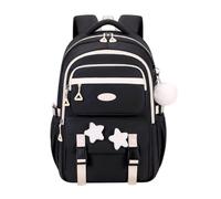 Mochila infantil negra con rayas blancas, parches de estrella y dije de | Mochila de poliéster negro con rayas curvas blancas atrevidas, apliques de estrellas y un dije lateral esponjoso; una