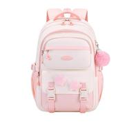Mochila infantil negra con rayas blancas, parches de estrella y dije de | Mochila de poliéster negro con rayas curvas blancas atrevidas, apliques de estrellas y un dije lateral esponjoso; una
