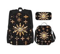 Mochila informal de 3 piezas con estampado de mansiones embrujadas negras con copos de nieve dorados de Navidad con lonchera Mochila ajustable unisex, mochila para computadora portátil de viaje