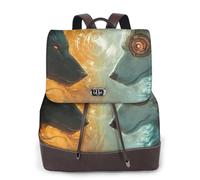 Mochila informal de piel con estampado de dos lobos, color blanco y negro, para el trabajo