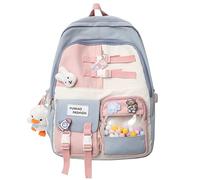 Mochila Kawaii con alfileres de patito Pandent Accesorios, Estética Daypacks Bolsa Japonesa Pastel Portátil Lindo Regreso a la Escuela, Azul / Patchwork, L
