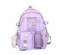 Mochila Kawaii con alfileres y accesorios colgantes, bonita mochila de escuela secundaria para laptop y niñas adolescentes, Morado, L