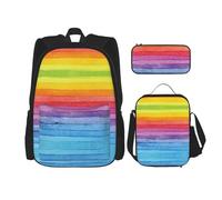 Mochila Kawaii con fiambrera, juego 3 en 1, estuche para lápices, combo a juego, mármol colorido, Rayas coloridas del arco iris, Talla única
