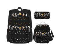 Mochila Kawaii con lonchera 3 en 1, estuche para lápices, combo a juego, notas musicales voladoras botánicas, Esqueleto bailarín, Talla única