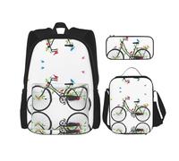 Mochila Kawaii con lonchera 3 en 1, estuche para lápices, combo a juego, notas musicales voladoras botánicas, Pájaros Flores en Bicicletas, Talla única