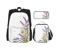 Mochila Kawaii con lonchera 3 en 1, estuche para lápices, combo a juego, notas musicales voladoras botánicas, Lavanda y margaritas, Talla única