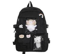 Mochila Kawaii con pin, gato de pez, muñeca rubor, gran capacidad, accesorios de oso lindo, mochila para la escuela, mochila con múltiples bolsillos para adolescentes y niñas, Negro, M