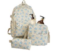 Mochila Kawaii Niña Nailon Beige Con Bolso Pequeño Y Compartimentos | Set De 3 Piezas En Nailon Resistente Al Agua Con Mochila De 28x45x15 Cm, Bolso Pequeño De 21x23x6 Cm Y Estuche De 19x9x6 Cm