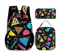 Mochila ligera con bolsa para guardar el almuerzo, diseño geométrico a cuadros, cebra, tigre, leopardo, retro, años 80 y 90, color negro (1 unidad). Conjunto de mochila, lonchera y bolsa de maquillaj