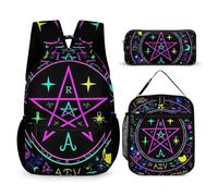 Mochila ligera con lonchera, bolsa de maquillaje, mochila, lonchera y bolsa de almacenamiento (mágico, brillante, alquímico, cósmico, gótico, psicodélico, morado, sol, luna, arte, brujería (1))