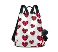 Mochila para mujer, diseño de corazones negros a cuadros rojos, mochila floral con cremallera trasera, múltiples bolsillos y llavero con pompón