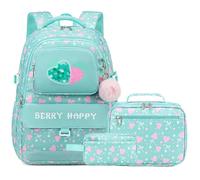 Mochila para niñas, juego escolar de 3 piezas con bolsa de almuerzo y estuche para lápices, bonita bolsa para libros para escuela primaria y secundaria, Verde, 15.6 Inches, Lindo