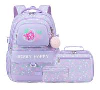 Mochila para niñas, juego escolar de 3 piezas con bolsa de almuerzo y estuche para lápices, bonita bolsa para libros para escuela primaria y secundaria, Púrpura, 15.6 Inches, Lindo