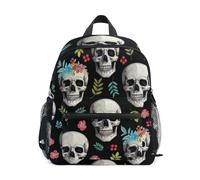 Mochila para niños pequeños, calaveras divertidas, hojas coloridas, mochilas preescolares negras con etiqueta de nombre, Funny Skulls Hojas Coloridas Negras, 3-5 Years