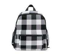 Mochila para niños y niñas, mini bolsa de viaje a cuadros de búfalo negro y blanco con etiqueta de nombre, Negro y blanco Buffalo Plaid, 3-5 Years, Lindas mochilas