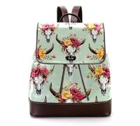 Mochila pequeña de piel sintética con diseño de calaveras de dirección con coronas de flores rosas y amarillas sobre fondo verde salvia, mochila escolar para mujer, Multicolor 01, 27x12.3x32cm
