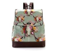 Mochila pequeña de piel sintética con diseño de calaveras de dirección con coronas de flores rosas y amarillas sobre fondo verde salvia, mochila escolar para mujer, Multicolor 06, 27x12.3x32cm