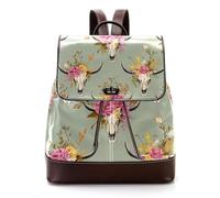 Mochila pequeña de piel sintética con diseño de calaveras de dirección con coronas de flores rosas y amarillas sobre fondo verde salvia, mochila escolar para mujer, Multicolor 02, 27x12.3x32cm