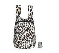 Mochila plegable de almacenamiento de poliéster, portátil, para viajes y compras, reutilizable, con cremalleras, estampado de leopardo naranja sobre fondo blanco con motivos de animales salvajes.