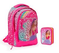 Mochila redonda compatible con Barbie - Respaldo y correas acolchadas Dim. 31 x 43 x 17 (+9) para escuela primaria y secundaria + estuche de 3 pisos + bolígrafo sirenas y llavero lentejuelas,