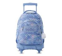 TOTTO - Mochila Escolar con Ruedas, Modelo Renglones, Capacidad 26,21 Litros, Bolsillo para PC 14", Bolsillo Botella, Correas en S para Mayor Comodidad, Resistente, Estampado Nacar Azul