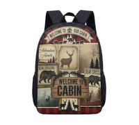 Mochila rústica con estampado de oso de ciervo de 17 pulgadas, mochila escolar vintage para niños, adolescentes, estudiantes, naturaleza, vida silvestre, familia de osos bienvenidos a nuestra cabaña