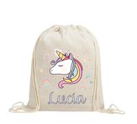 Mochila saco personalizable de cuerdas en algodón orgánico 100%, ligera y resistente hasta 9 kg, ideal para adultos y niños uso diario, a todo color, regalo amigos, vuelta al cole (Unicornio)