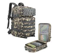 Mochila Tácticas Militar, 45L Bolsa equipaje de mano, cabina, Crossfit, Plegable Impermeable Supervivencia, Montañismo, Senderismo, Trekking, Acampada, Aventura o Viajes avión (Camuflaje con Gris)