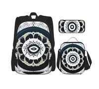 Mochila tótem redonda en blanco y negro, mochila para niñas y niños con bolsa de almuerzo y estuche para lápices, juego de 3 piezas para senderismo, escuela, excursiones, Black, Talla única