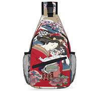 Mochila tradicional japonesa para hombres y mujeres, con temática japonesa, bolsa de hombro cruzada para viajes, senderismo, mochila casual, multicolor, 14 in, Mochila Sling