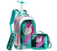 Mochila Unicornio Escolar con Ruedas Chico Genial,Lentejuelas mágicas Estudiantes de Primaria Carros para Mochilas Bolsa de Almuerzo Estuche Escolares Equipaje de Viaje Multifuncional(Verde)