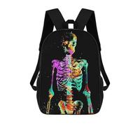 Mochila Unisex Colorful Watercolor Skeleton on Black Background Mochila De Viaje Con Estampado 3D Mochila Informal Para Portátil Mochila Escolar Ligera Para Hombres, Mujeres, Niños Y Niñas 17inch