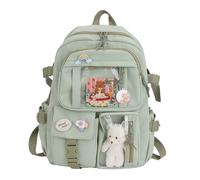 Mochila unisex de lona color crema con pantalla frontal y detalles de felpa | Varios bolsillos delanteros, pequeños parches decorativos y una sección frontal transparente con una figura de felpa visible