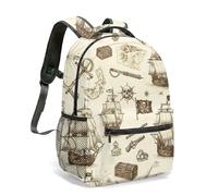 Mochila vintage con estampado de barco pirata, bandera de calavera, cofre del tesoro, boceto, mapa náutico dibujado a mano, bolsa de armas antiguas, 01., L, Casual