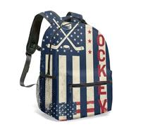 Mochila vintage de hockey con bandera americana de 16 pulgadas, diseño patriótico de estrellas y rayas desgastadas, con palos cruzados, 02., L, Casual
