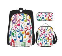 Mochilas coloridas con notas musicales, mochilas de estudio con lonchera, estuche de lona, bolsa de viaje para estudiantes de primaria, Black, Talla única, Juego de mochila escolar