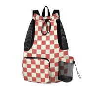 Mochilas con cordón para piscina con bolsillo para botella de agua, saco trasero con cincha, separación húmeda y seca, color rojo, beige, cuadros a cuadros