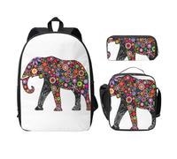 Mochilas con estampado de elefante alegre con bolsa de almuerzo, estuche para lápices, 3 piezas, bolsa ligera para libros para la escuela secundaria, Black, Talla única