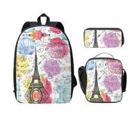 Mochilas con estampado de la Torre Eiffel de París francés con estuche para el almuerzo, estuche para lápices, 3 piezas, bolsa ligera para libros para escuela secundaria, Black, Talla única