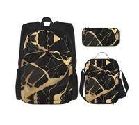 Mochilas de estudio con textura de mármol negro y dorada, con lonchera, estuche de lona, bolsa de viaje para estudiantes de primaria, Black, Talla única, Juego de mochila escolar