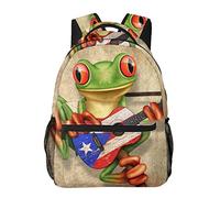 Mochilas de moda Casual Sports College Middle High School Mochila de moda, mochila de viaje ligera para exteriores para computadora portátil para niños y niñas, Tree Frog Playing Puerto Rico Flag Gui