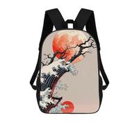 Mochilas De Viaje Lindas Impresas En 3D Japanese Wave with Moon And Tree Mochila Escolar Para Niños, Mochila Informal Para Exteriores, Mochilas De Moda Informales Para Niños Para Niñas 17inch