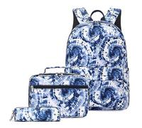Mochilas escolares de teñido anudado con bolsa de almuerzo para hombres y mujeres, bolsa de libros escolares para escuela secundaria, estuche de lápices de 3 piezas, azul, Talla única