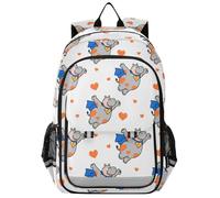 Mochilas para niños de 8 a 12 años: moderna bolsa de libros para estudiantes en varios colores - hipopótamo divertido animal volando blanco corazón naranja