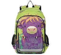 Mochilas para niños de 8 a 12 años: moderna mochila para niños y niñas de 5º grado en varios colores, verde y morado, linda vaca de las tierras altas