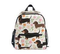Mochilas para niños grandes, diseño de perro salchicha y flores pequeñas, color blanco, Dibujos animados lindo perro salchicha y flores pequeñas blanco, Medium, Moda