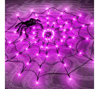 MOCIUN Decoraciones de Halloween luces de telaraña con 80 LED control remoto 8 modos, luces de red impermeables con araña negra, para el hogar, patio, jardín ventana (morado, alimentado por USB)