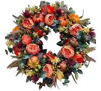 MOCIUN Fall Peony and Pumpkin Wreath, Autumn Year Round Wreaths for Front Door, Artificial Fall Wreath, Maple Leaf Berry Pumpkin Pinecone Harvest Wreath (40 * 40cm)