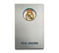 MOCIWORLD Cuaderno Real Madrid con escudo en 3D - Encuadernación con lomo textil y acabados de calidad - 120 páginas sin pautar - Color Gris - Tamaño A6